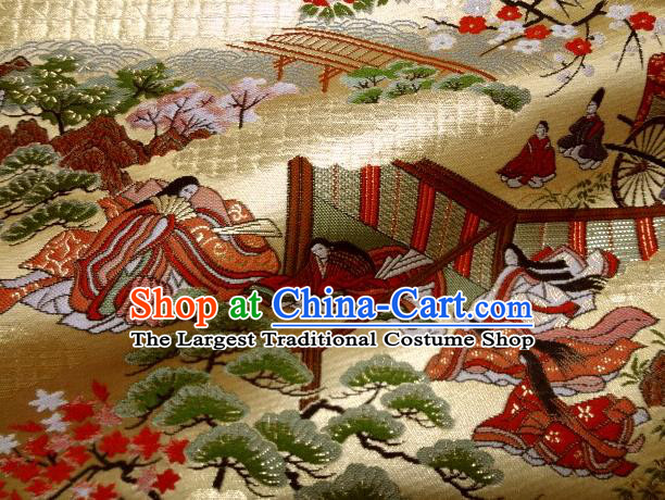 Asian Traditional Classical Genji Beauty Pattern Golden Tapestry Satin Nishijin Brocade Fabric Japanese Kimono Silk Material