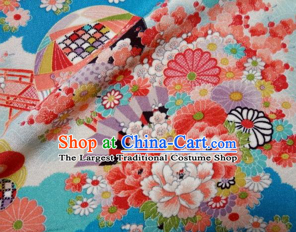 Asian Traditional Classical Peony Daisy Pattern Blue Tapestry Satin Nishijin Brocade Fabric Japanese Kimono Silk Material