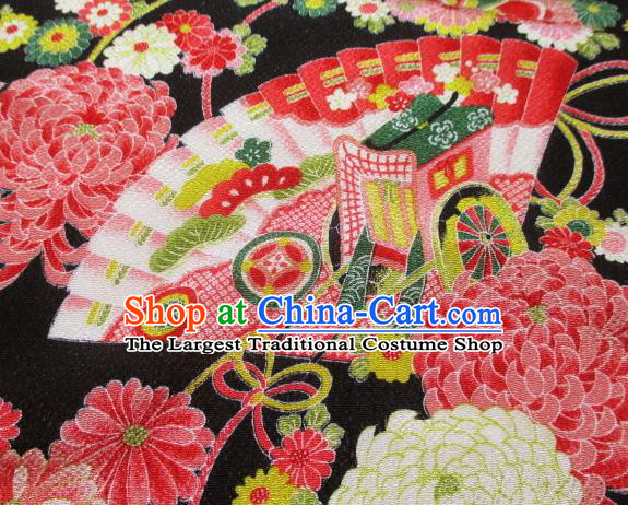 Asian Traditional Classical Chrysanthemum Fan Pattern Black Tapestry Satin Brocade Fabric Japanese Kimono Silk Material