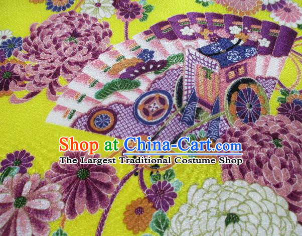 Asian Traditional Classical Chrysanthemum Fan Pattern Yellow Tapestry Satin Brocade Fabric Japanese Kimono Silk Material