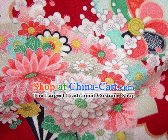 Asian Traditional Classical Flowers Fan Pattern Red Tapestry Satin Brocade Fabric Japanese Kimono Silk Material