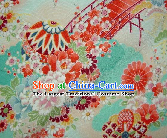 Asian Traditional Classical Peony Pattern Green Brocade Tapestry Satin Fabric Japanese Kimono Silk Material