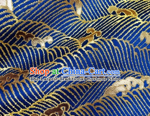 Asian Traditional Kimono Classical Wave Pattern Blue Nishijin Brocade Tapestry Satin Fabric Japanese Silk Material