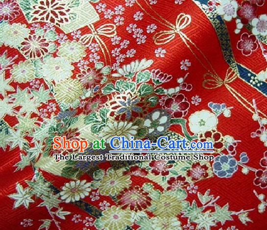 Asian Traditional Kimono Classical Sakura Pattern Red Nishijin Brocade Tapestry Satin Fabric Japanese Silk Material