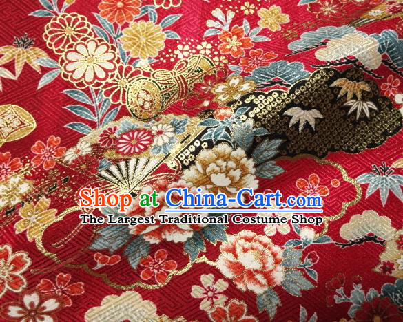 Asian Traditional Kimono Classical Peony Pattern Red Brocade Tapestry Satin Fabric Japanese Kyoto Silk Material