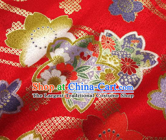 Asian Traditional Kimono Classical Sakura Pattern Red Damask Brocade Tapestry Satin Fabric Japanese Kyoto Silk Material