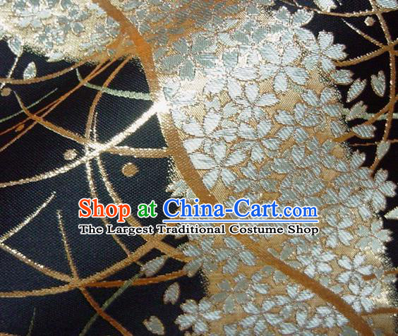 Asian Traditional Baldachin Classical Sakura Pattern Black Brocade Fabric Japanese Kimono Tapestry Satin Silk Material