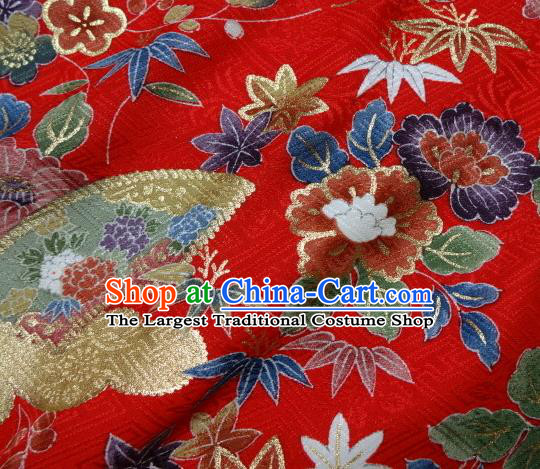 Asian Traditional Kimono Classical Flowers Pattern Red Damask Brocade Fabric Japanese Kyoto Tapestry Satin Silk Material