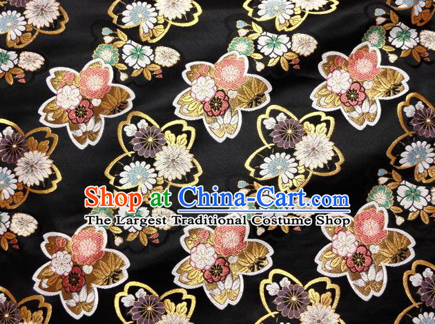 Asian Traditional Baldachin Classical Sakura Daisy Pattern Black Brocade Fabric Japanese Kimono Tapestry Satin Silk Material