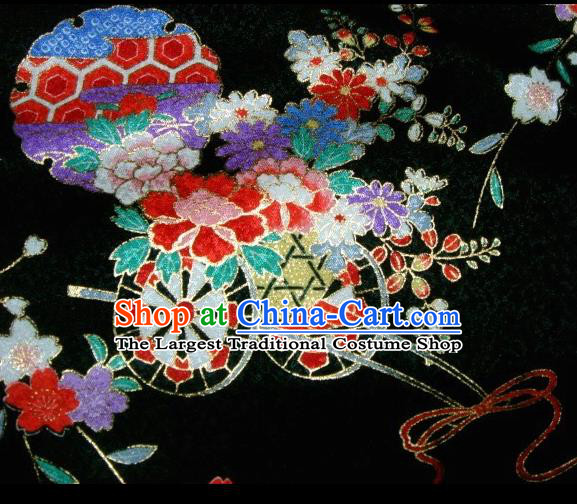 Asian Traditional Kimono Classical Flowers Gharry Pattern Black Brocade Tapestry Satin Fabric Japanese Kyoto Silk Material