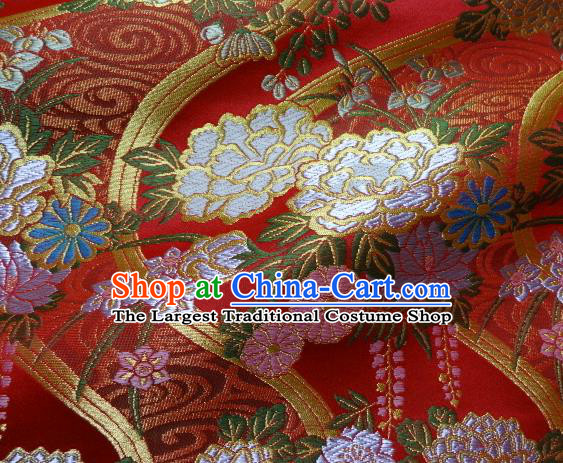 Asian Traditional Classical Flowers Pattern Red Damask Brocade Fabric Japanese Kimono Tapestry Satin Silk Material