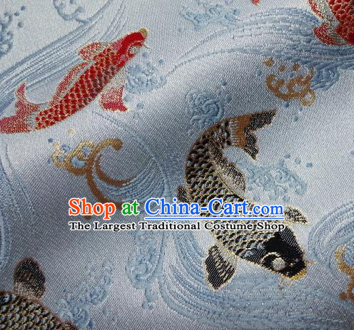 Asian Traditional Japanese Kimono Classical Fishes Pattern Blue Tapestry Satin Brocade Fabric Baldachin Silk Material