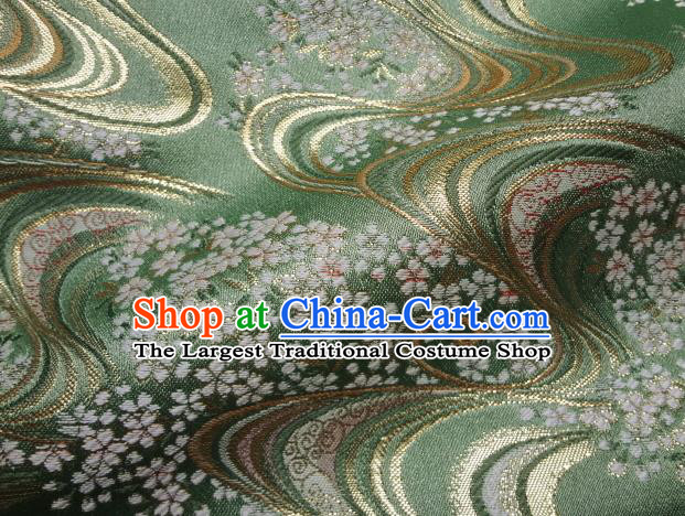 Asian Japanese Traditional Green Brocade Classical Sakura Pattern Baldachin Fabric Kimono Tapestry Satin Silk Material