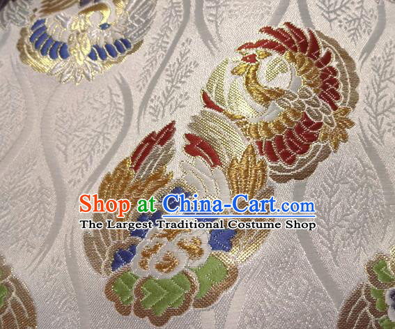 Asian Japanese White Tapestry Satin Traditional Kimono Classical Phoenix Pattern Brocade Fabric Baldachin Silk Material