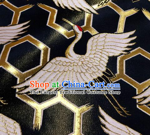 Asian Japanese Traditional Kimono Classical Cranes Pattern Black Tapestry Satin Brocade Fabric Baldachin Silk Material