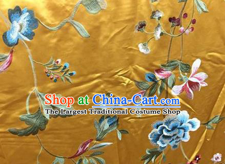 Asian Traditional Fabric Classical Embroidered Peony Pattern Yellow Watered Gauze Brocade Chinese Satin Silk Material