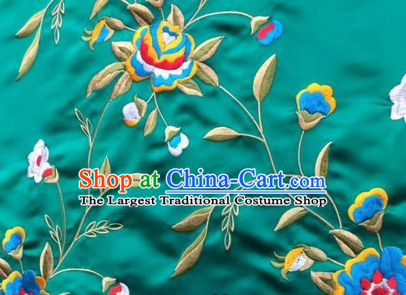 Asian Traditional Fabric Classical Embroidered Peony Flowers Pattern Green Brocade Chinese Satin Silk Material