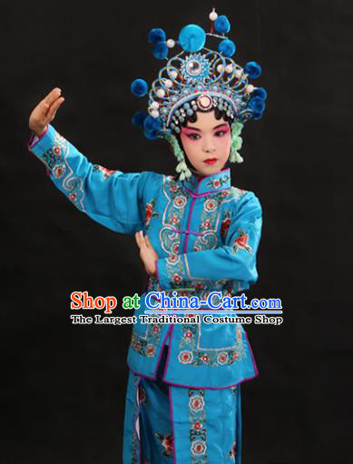 Professional Chinese Traditional Beijing Opera Blues Costume Ancient Swordswomen Blue Clothing for Kids