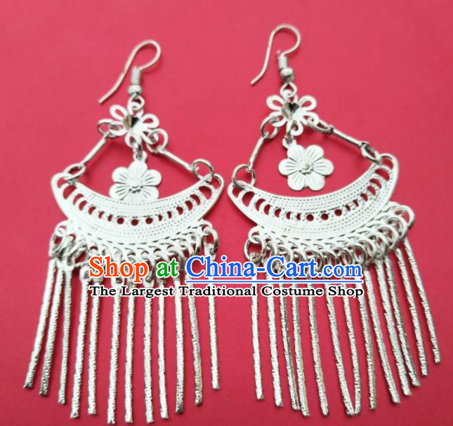 Chinese Traditional Ethnic Ear Accessories Miao Nationality Silver Flower Tassel Earrings for Women