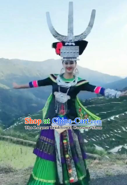 Chinese Traditional Hmong Ethnic Wedding Costume China Miao Nationality Folk Dance Embroidered Green Dress for Women