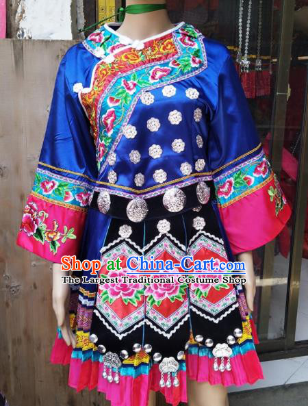 Chinese Traditional Hmong Ethnic Costume Miao Nationality Folk Dance Embroidered Blue Dress for Women