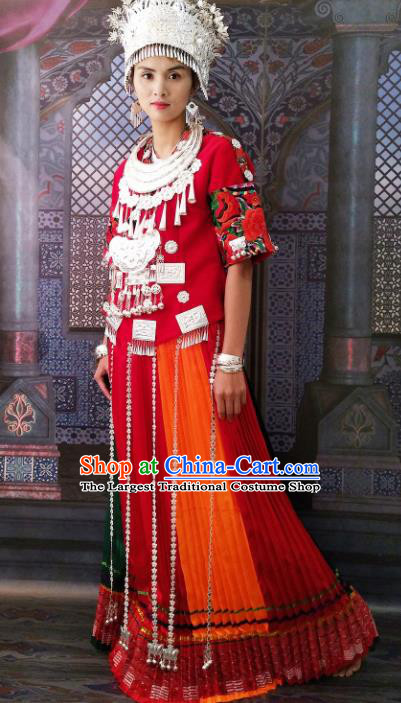 Chinese Traditional Hmong Ethnic Female Costume Miao Nationality Folk Dance Dress and Headdress for Women