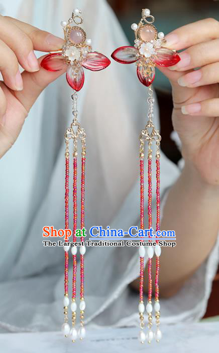 Chinese Traditional Hanfu Hair Accessories Ancient Princess Red Flower Tassel Hair Claws Hairpins for Women