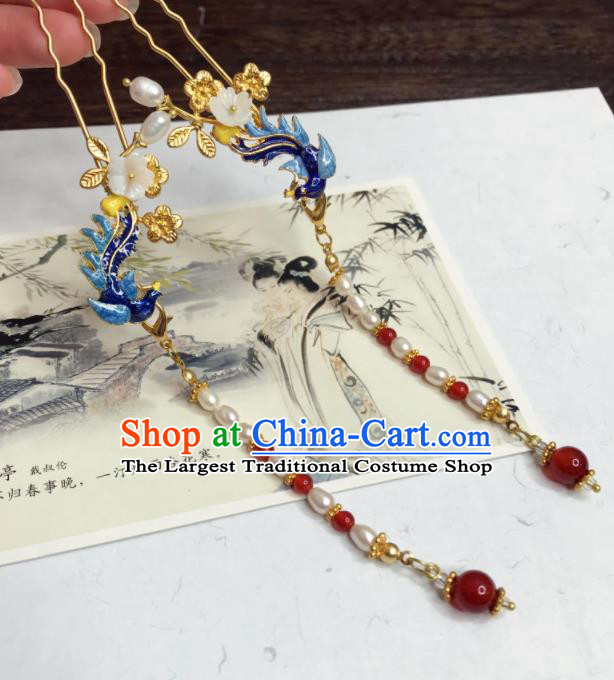 Chinese Ancient Princess Blueing Phoenix Tassel Hairpins Traditional Hanfu Hair Accessories for Women