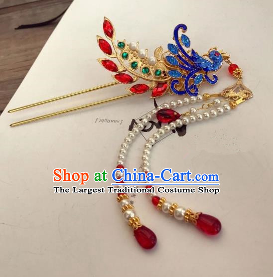 Chinese Ancient Princess Blueing Phoenix Tassel Hairpins Traditional Hanfu Hair Accessories for Women