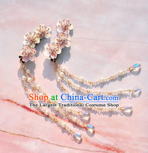 Chinese Ancient Princess Pink Flowers Hair Sticks Tassel Hairpins Traditional Hanfu Hair Accessories for Women
