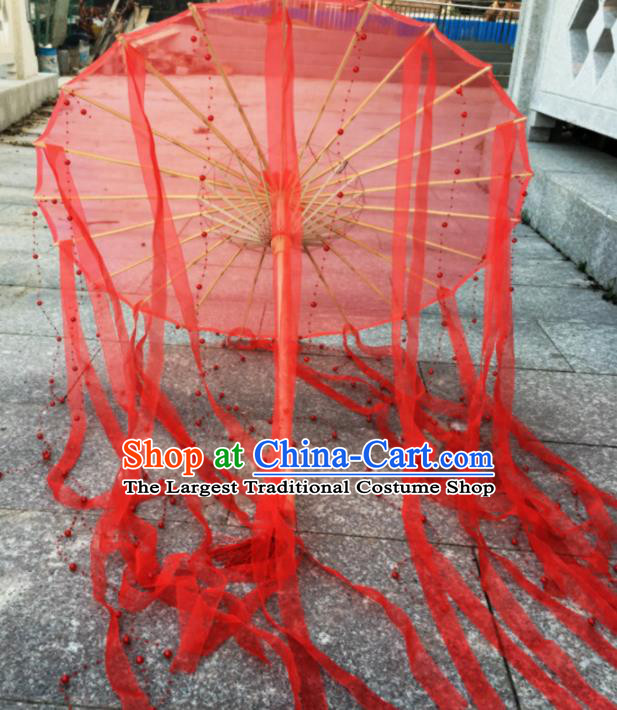 Chinese Ancient Princess Umbrella Traditional Handmade Red Ribbon Umbrellas for Women