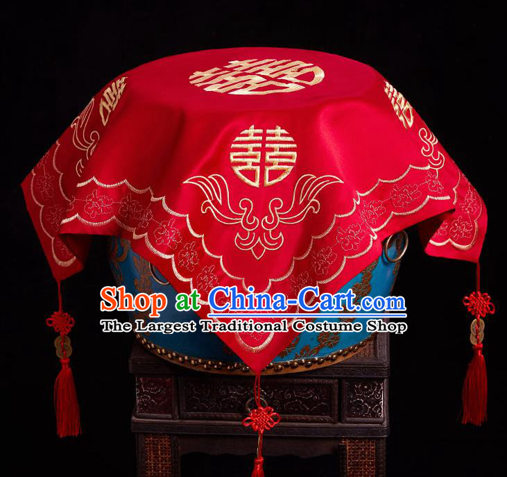 Chinese Ancient Wedding Headdress Bride Embroidered Red Curtain Traditional Handmade Red Veil for Women