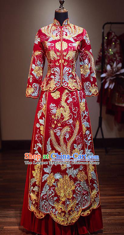 Chinese Traditional Bride Red Xiuhe Suit Ancient Wedding Embroidered Phoenix Dress for Women