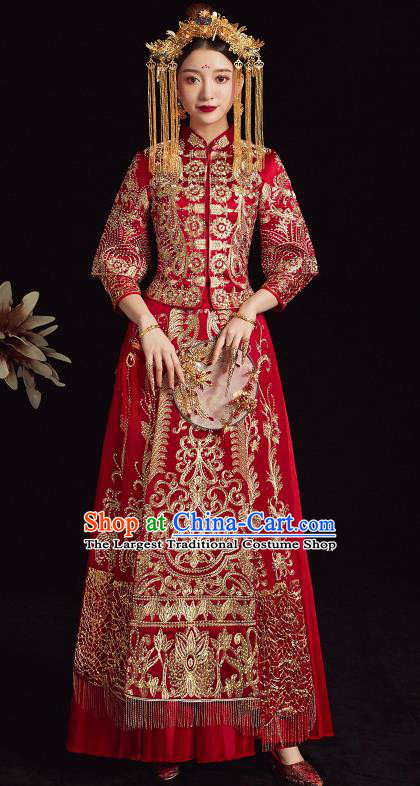 Chinese Traditional Bride Diamante Xiuhe Suit Ancient Wedding Embroidered Red Dress for Women