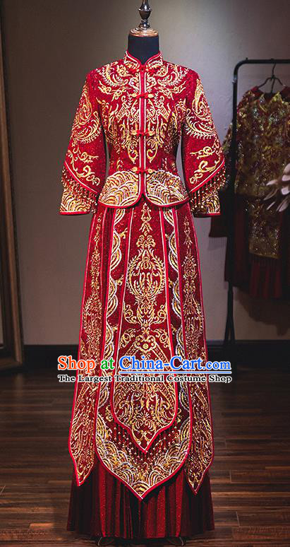 Chinese Traditional Bride Red Xiuhe Suit Ancient Wedding Embroidered Diamante Dress for Women