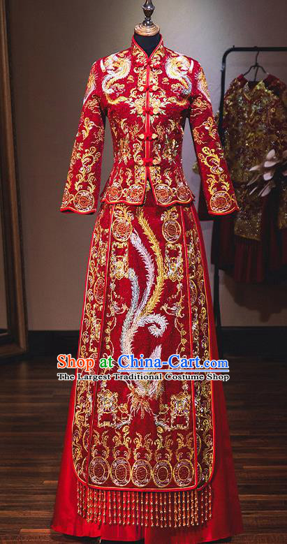 Chinese Traditional Bride Red Diamante Xiuhe Suit Ancient Wedding Embroidered Phoenix Dress for Women