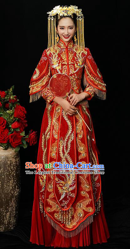 Chinese Traditional Bride Diamante Xiuhe Suit Ancient Wedding Embroidered Phoenix Dress for Women