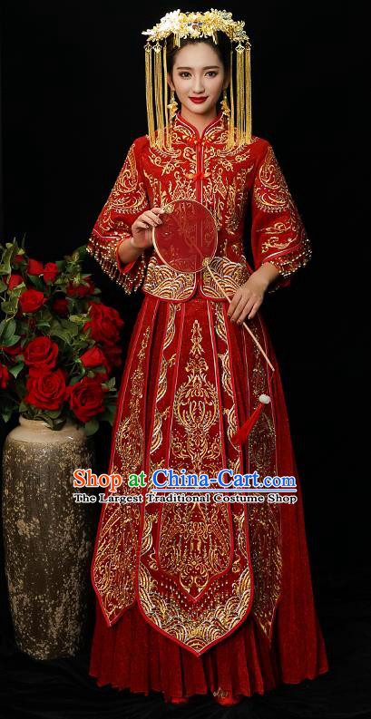 Chinese Traditional Bride Diamante Xiuhe Suit Ancient Wedding Red Embroidered Dress for Women