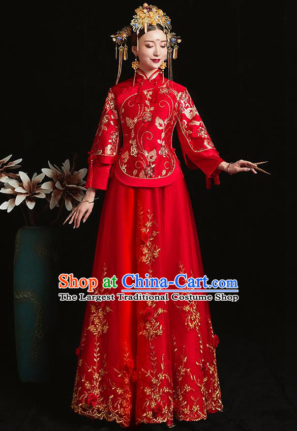 Chinese Traditional Bride Costume Embroidered Phoenix Xiuhe Suit Ancient Wedding Red Veil Dress for Women