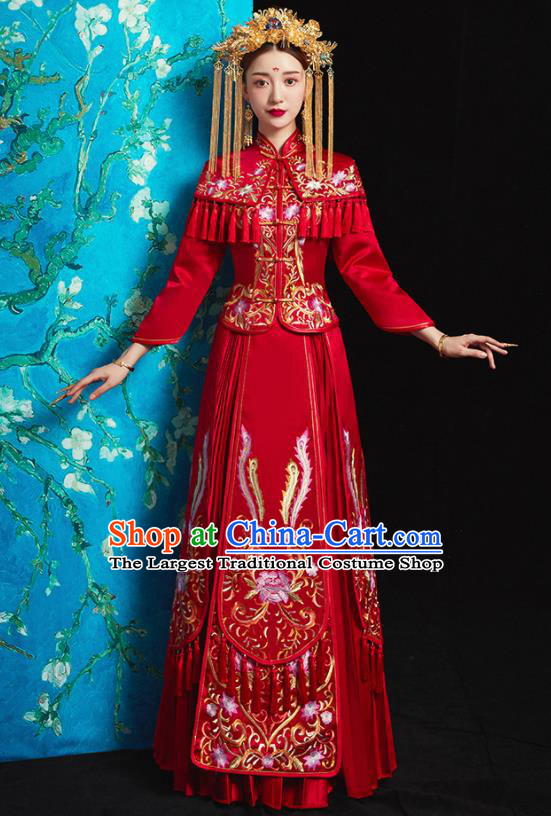 Chinese Traditional Bride Costume Embroidered Peony Xiuhe Suit Ancient Wedding Red Dress for Women