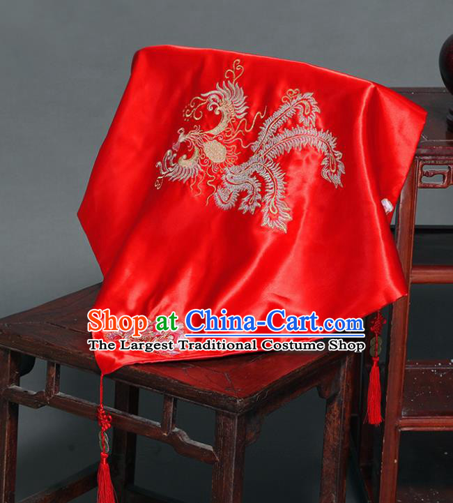 Chinese Ancient Wedding Embroidered Phoenix Curtain Traditional Bride Headdress Red Veil for Women