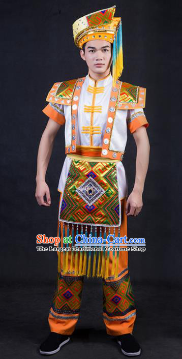 Chinese Traditional Zhuang Nationality Golden Clothing Ethnic Bridegroom Folk Dance Costume for Men