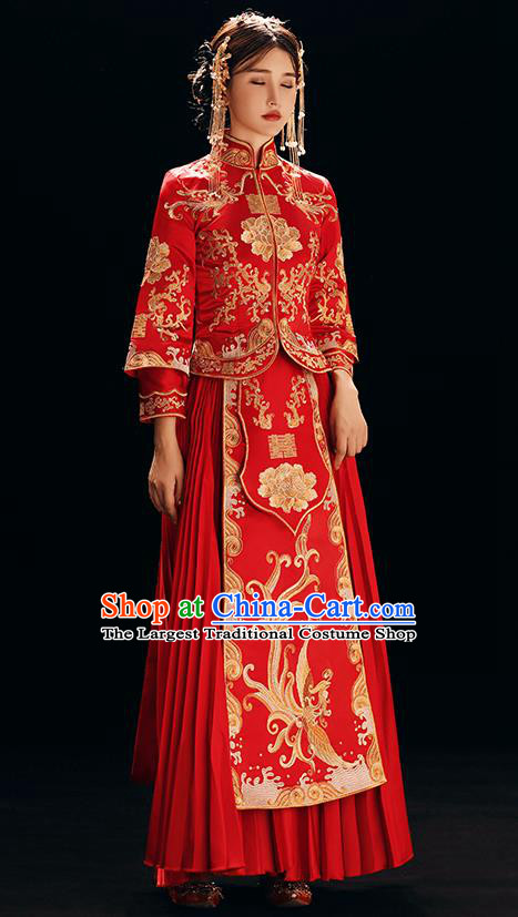 Chinese Traditional Bride Costume Xiuhe Suit Ancient Wedding Red Embroidered Dress for Women