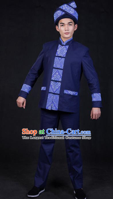 Chinese Traditional Zhuang Nationality Deep Blue Clothing Ethnic Festival Folk Dance Costume for Men