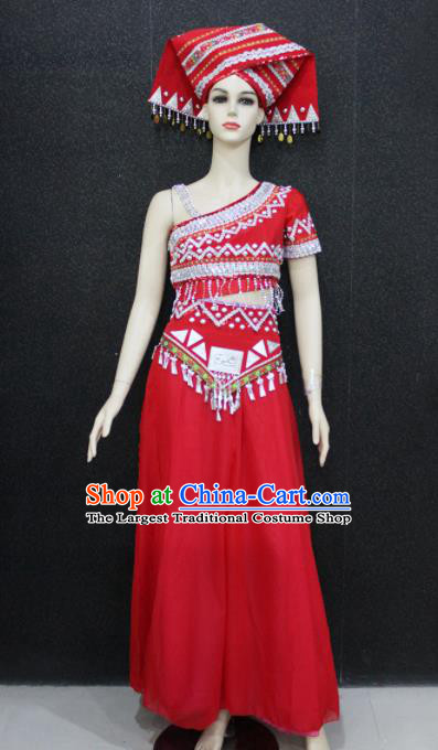 Chinese Traditional Zhuang Nationality Embroidered Red Dress Ethnic Folk Dance Costume for Women