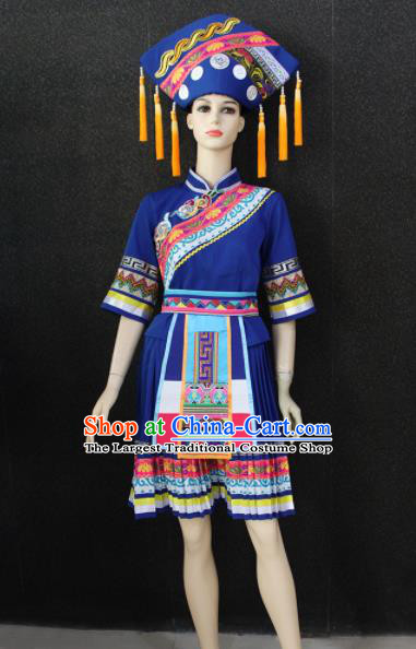 Chinese Traditional Zhuang Nationality Royalblue Dress Ethnic Folk Dance Costume for Women