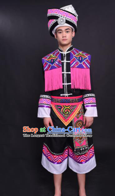 Chinese Traditional Ethnic Pink Tassel Costume Zhuang Nationality Festival Folk Dance Clothing for Men