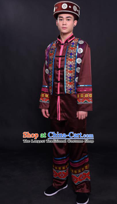 Chinese Traditional Ethnic Bridegroom Brown Costume Dong Nationality Festival Folk Dance Clothing for Men