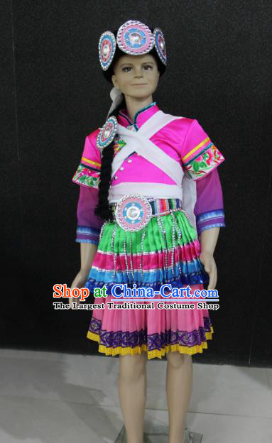 Chinese Traditional Naxi Nationality Embroidered Rosy Dress Ethnic Folk Dance Costume for Women