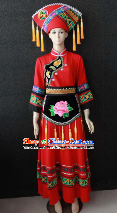 Chinese Traditional Zhuang Nationality Red Dress Ethnic Bride Folk Dance Costume for Women